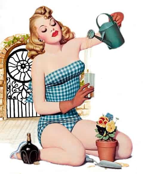 Pinup illustration of girl watering plant