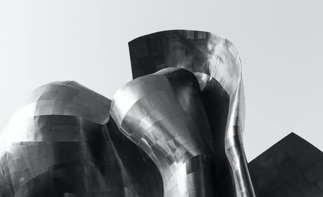 Frank Gehry building in black and white