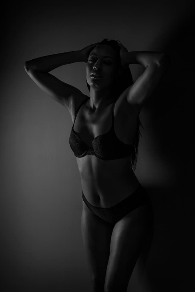 Black & white standing boudoir pose