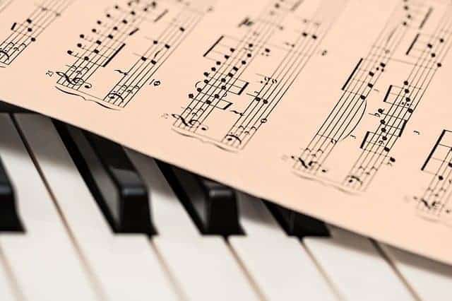 Piano keyboard with sheet music